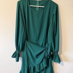 Emerald Green Wrap Dress Lantern Sleeves